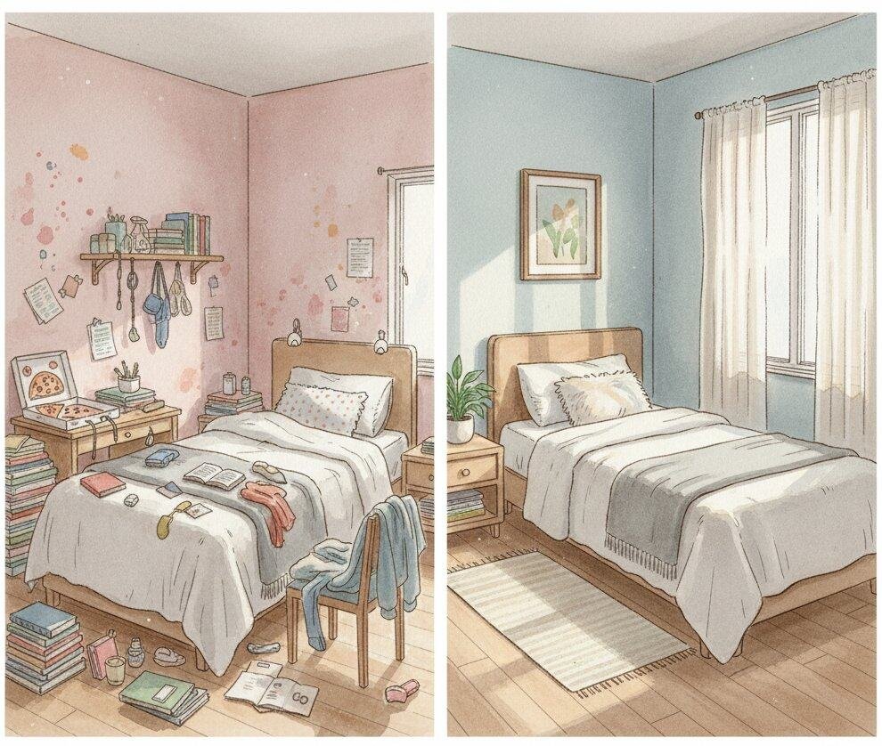 A cluttered and chaotic room vs a simple and peaceful room