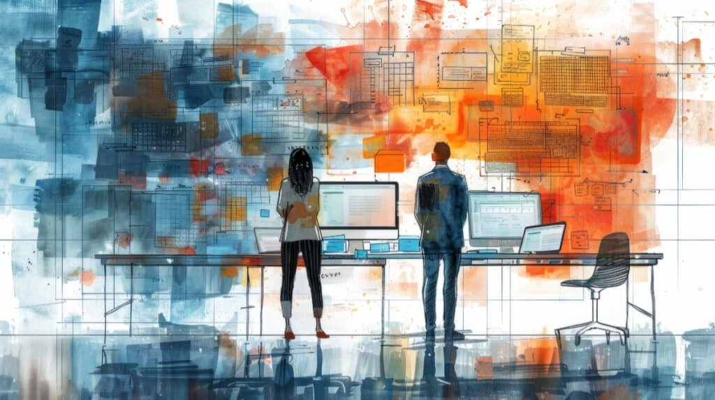 A watercolor of two people standing in front of large computer screens, depicting a computer data center.