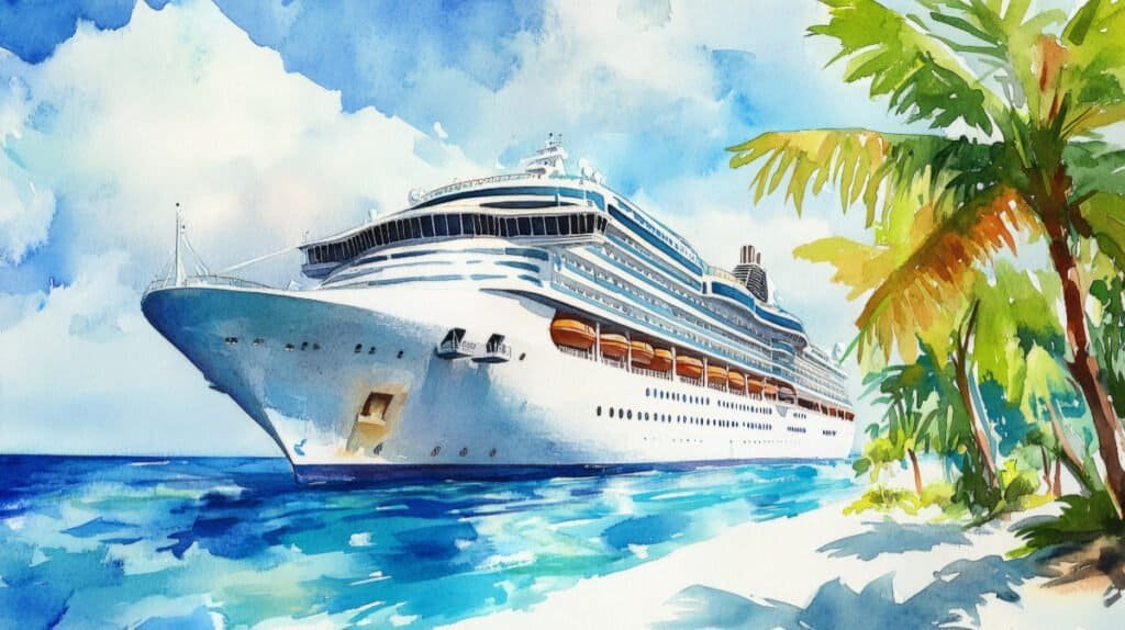 A big cruise ship alongside a sandy palm beach.