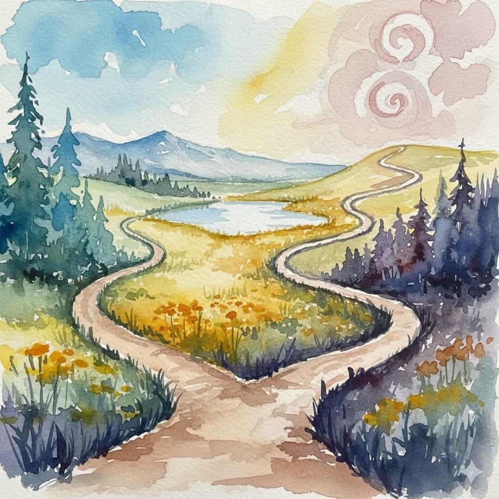 Watercolor image of different paths diverging - depicting freedom of choice (Google AI)