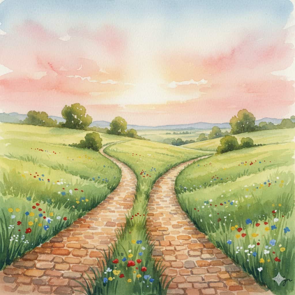 Two cobblestone paths leading off towards different destinies