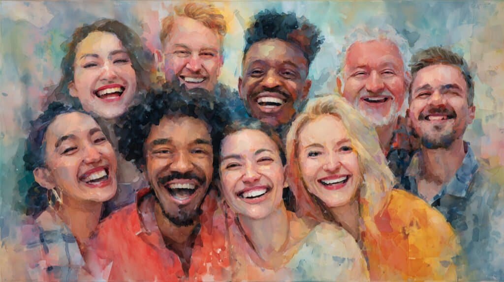 Watercolor style painting of a diverse group of people laughing together