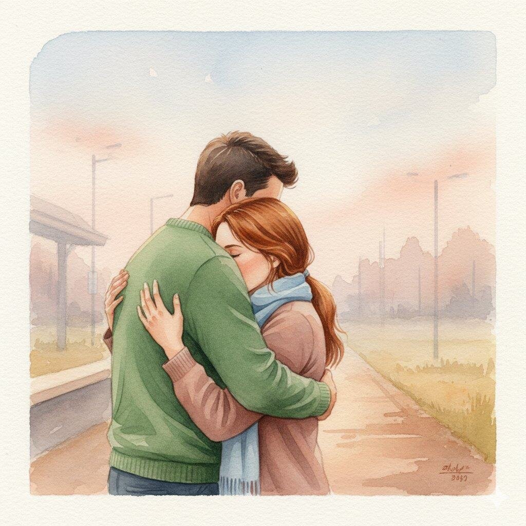 Watercolor illustration of a couple hugging goodbye on a train platform during a soft sunset.