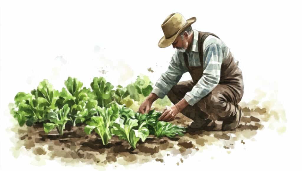 Elderly farmer tending vegetables in the field, working alone in watercolor.