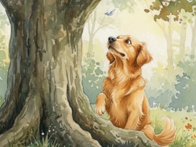 Watercolor of a Golden Retriever looking up a tree at something out of reach.
