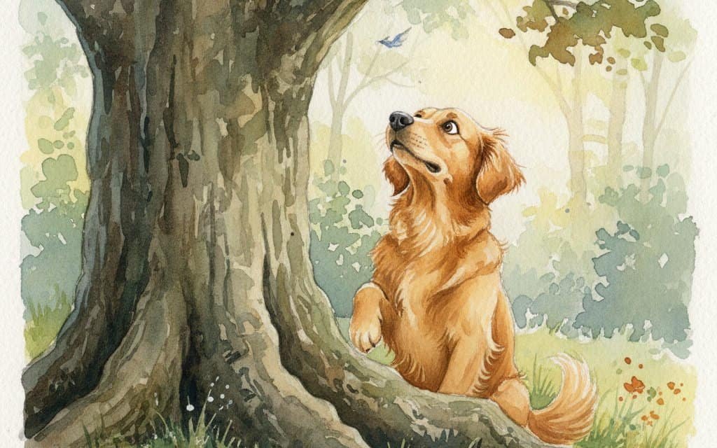 Watercolor of a Golden Retriever looking up a tree at something out of reach.