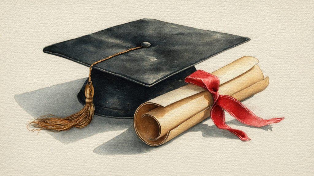 Qatercolor illustration featuring a graduation cap and diploma with red ribbon
