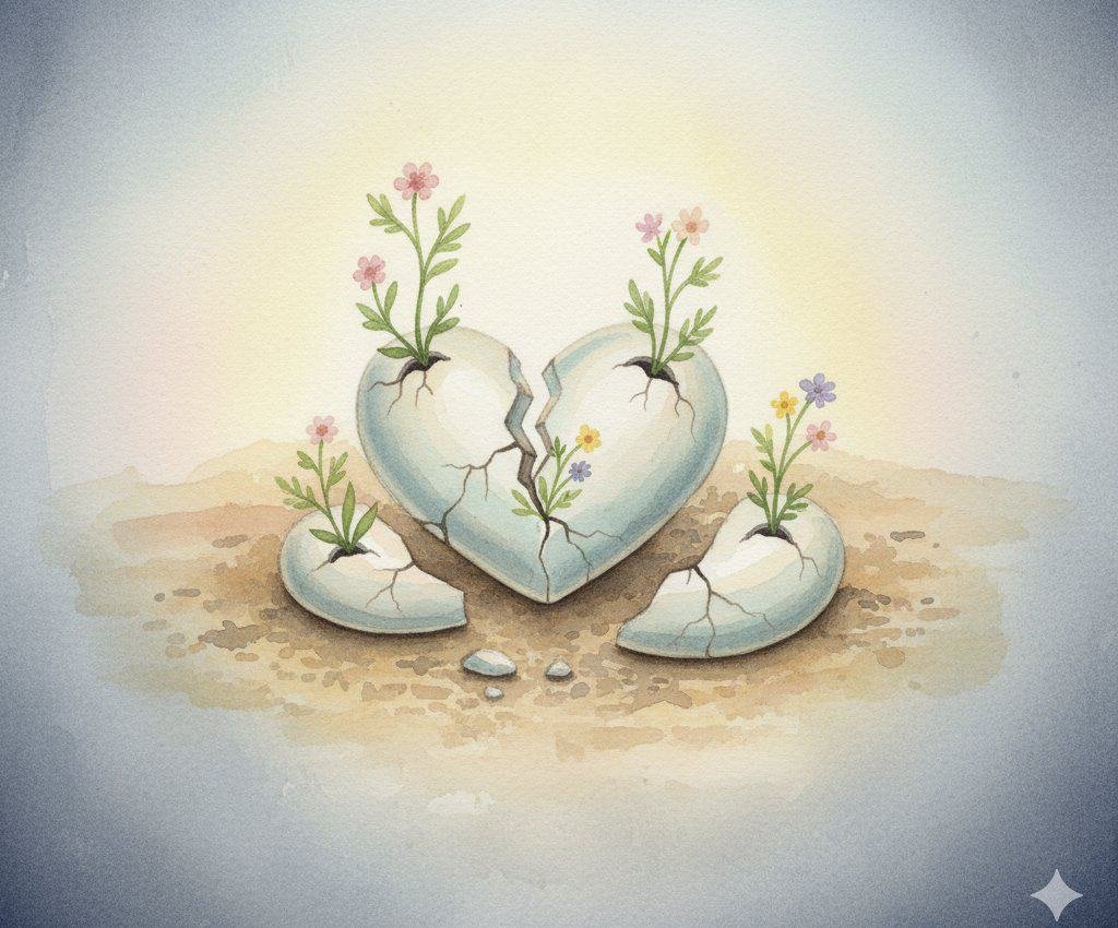 A broken heart in pieces, with small plants growing.