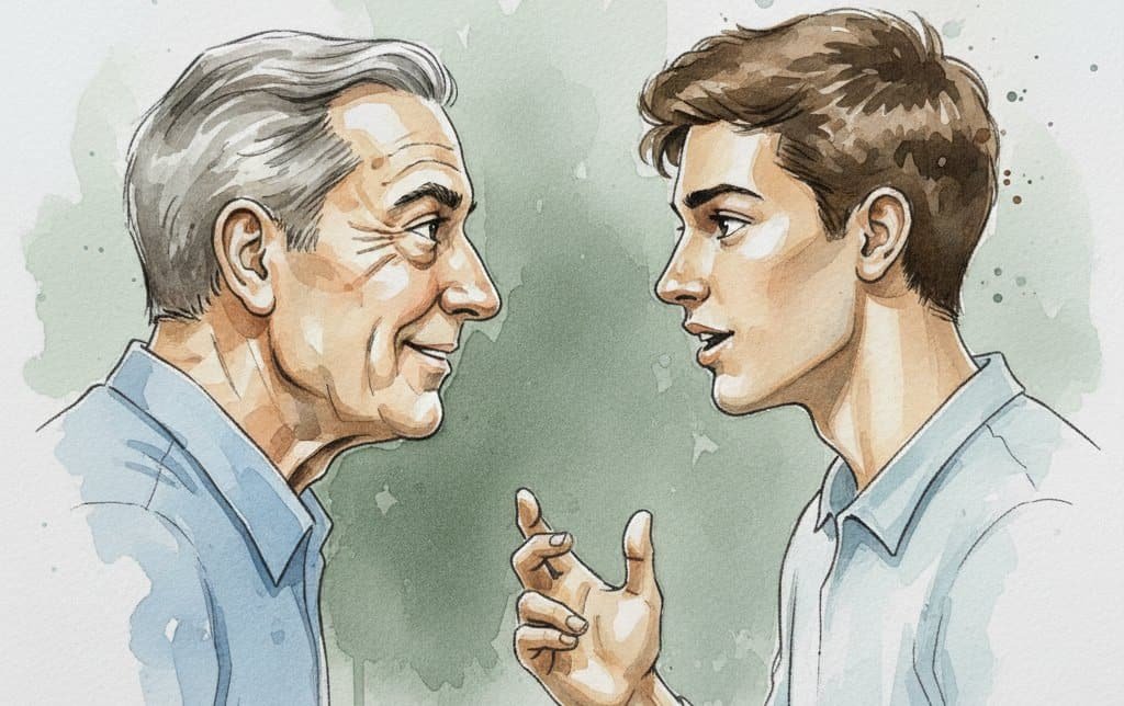 Guys talking and listening intently