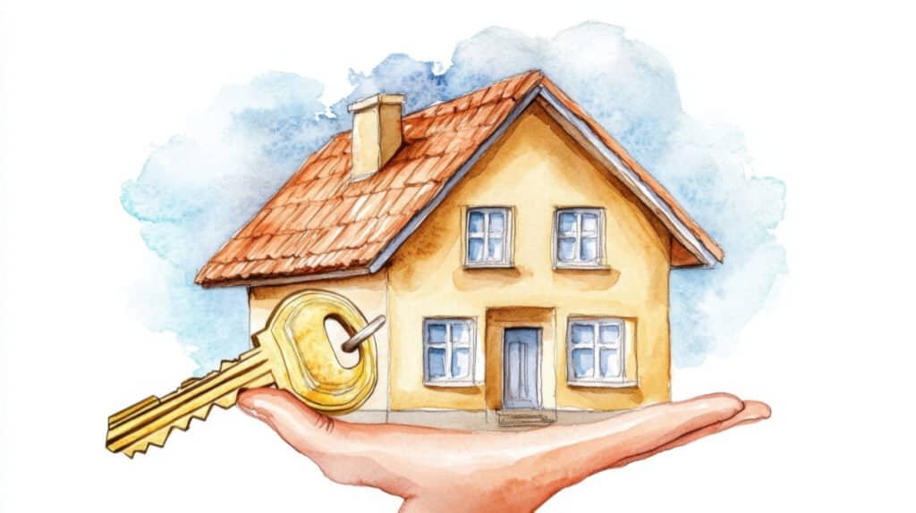 New Home Ownership Watercolor Painting: A Hand Holding a Golden Key and a House