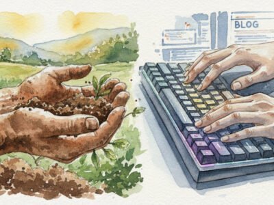 Hands covered in dirt next to hands on a keyboard