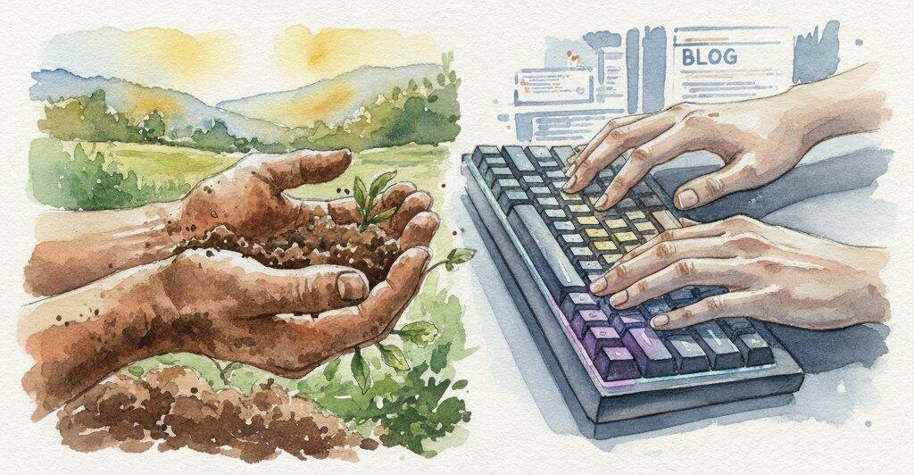Hands covered in dirt next to hands on a keyboard