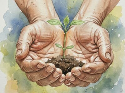 watercolor image of weathered hands holding a small seedling (Google AI)