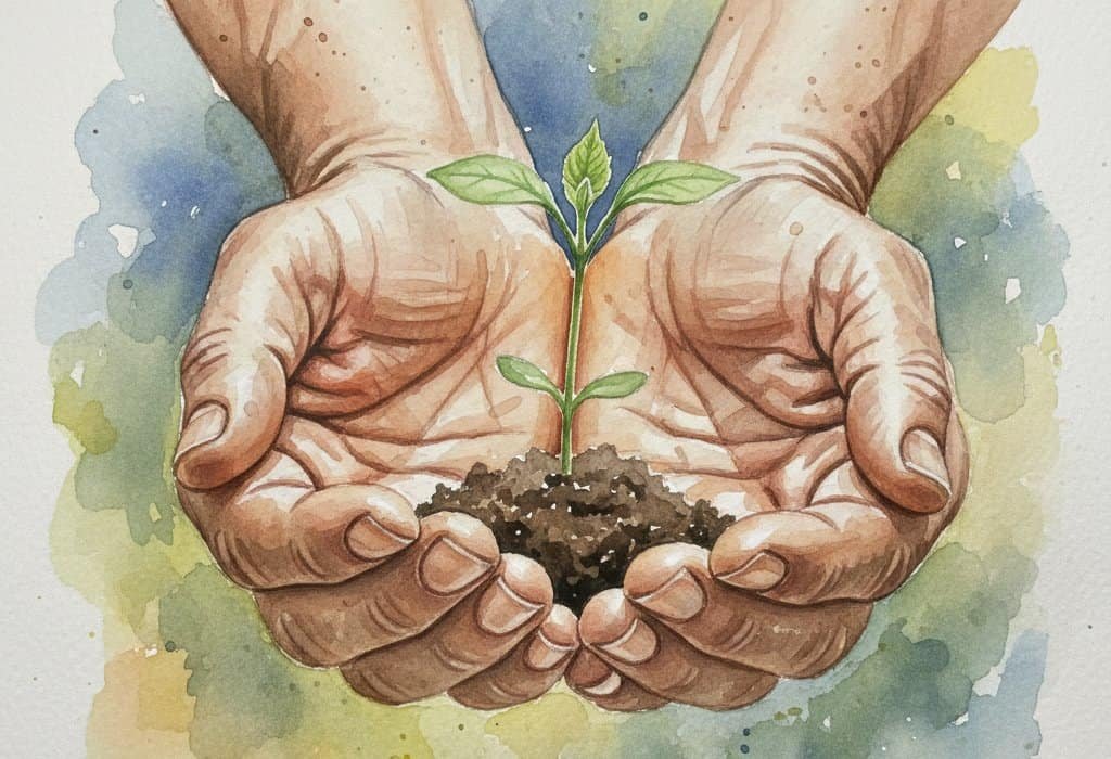watercolor image of weathered hands holding a small seedling (Google AI)
