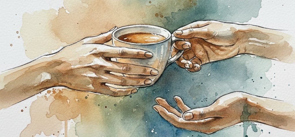 Shared moment of struggle and pain support over coffee.