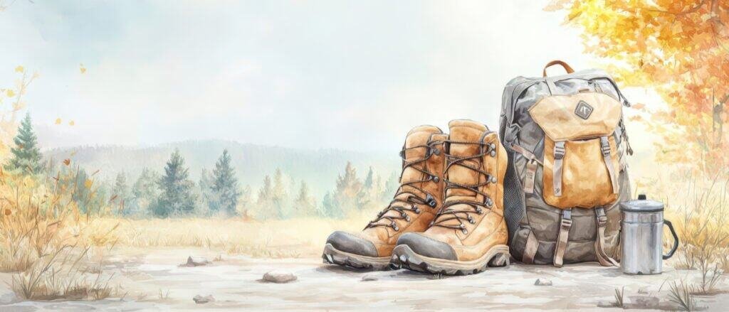 Comfortable walking boots and backpack in autumn landscape