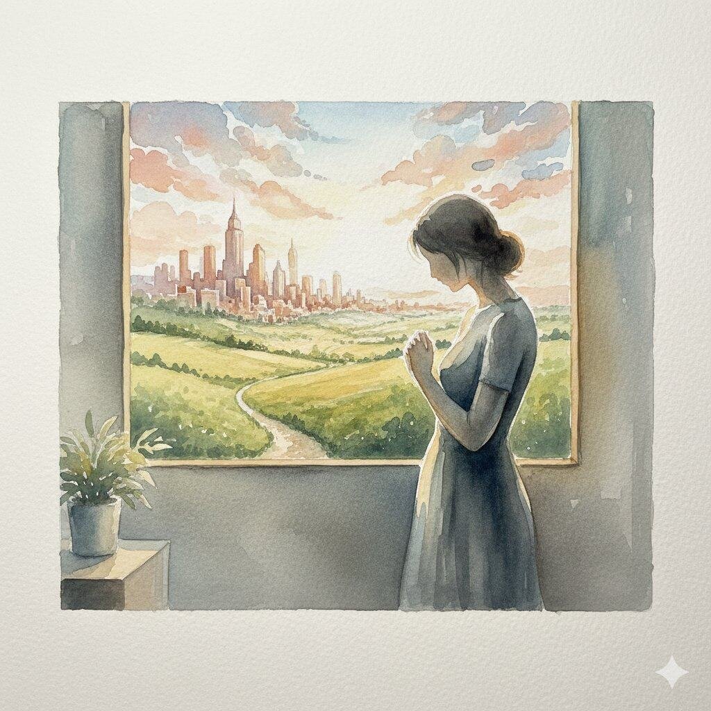 A sad, lone woman looking at a greener place to escape to.