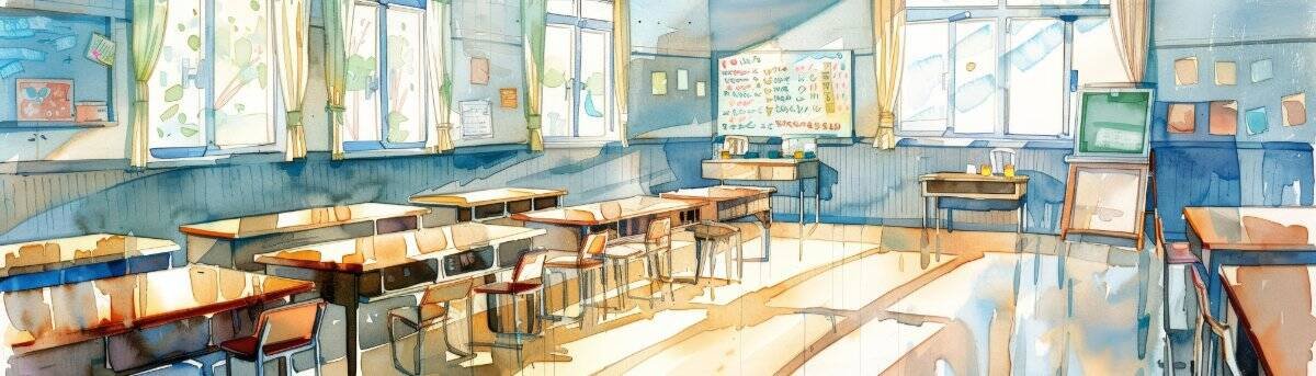 Watercolor iillustration of a Japanese classroom