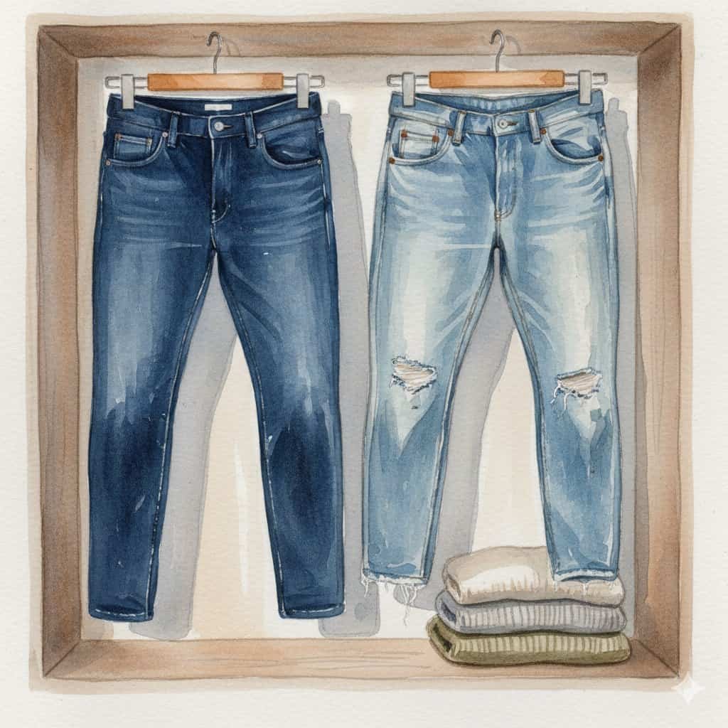 Jeans hanging side by side in closet