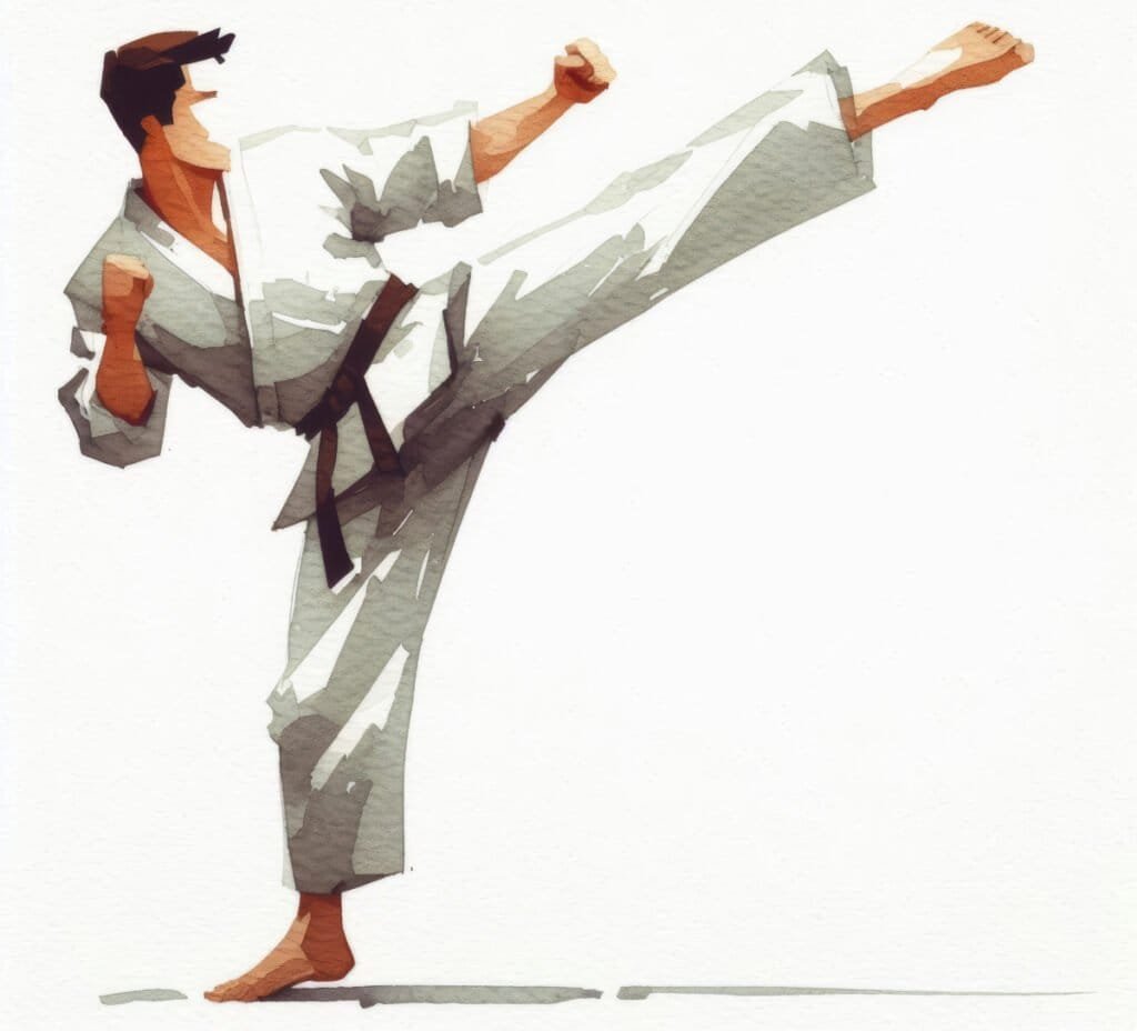 A minimalist image of a karate practitioner performing a kick.