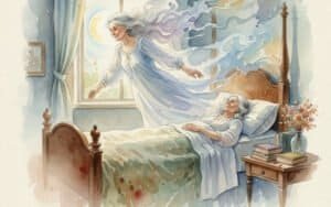 An older lady having an Out-Of-Body experience with her spirit floating above her bed.