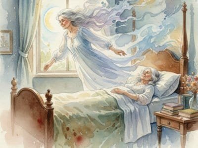 An older lady having an Out-Of-Body experience with her spirit floating above her bed.