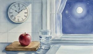 An apple and glass of water in the kitchen at night.