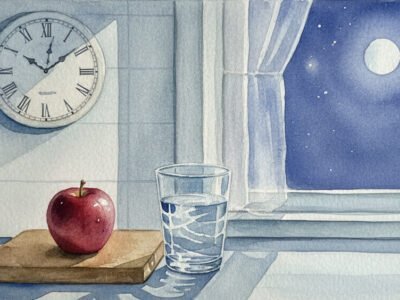 An apple and glass of water in the kitchen at night.