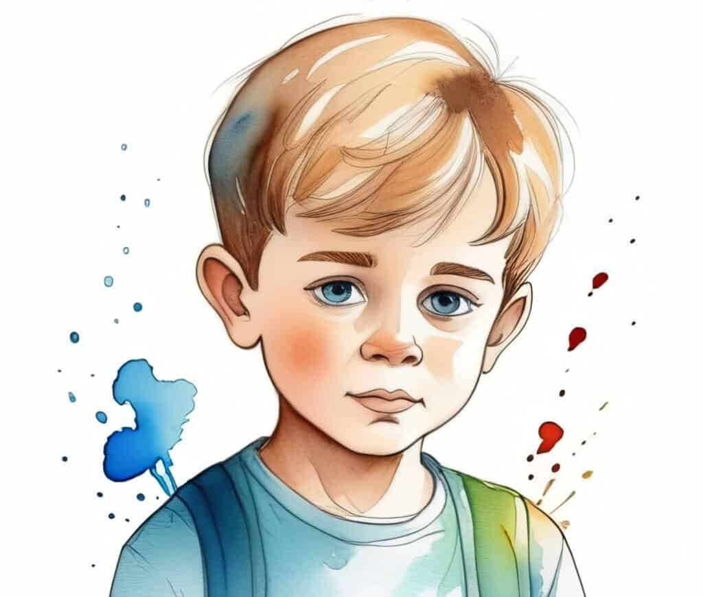 A little boy thinking with a pensive expression - in watercolor