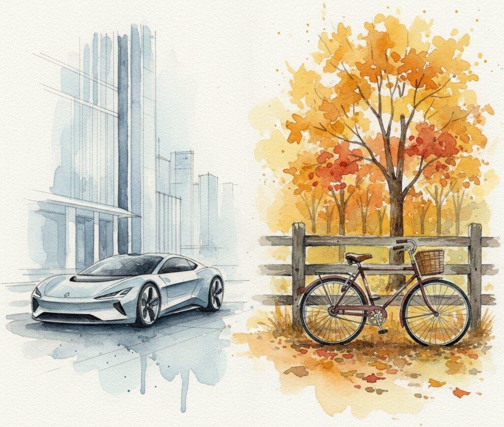 luxury car and skyscraper defining success vs bicycle propped against a rustic wooden fence