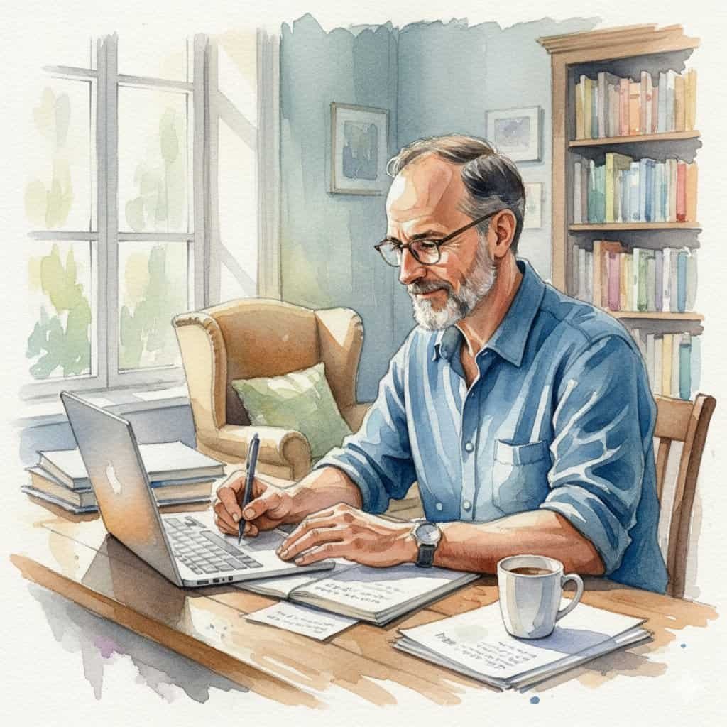 A middle-aged man working contentedly on his computer.