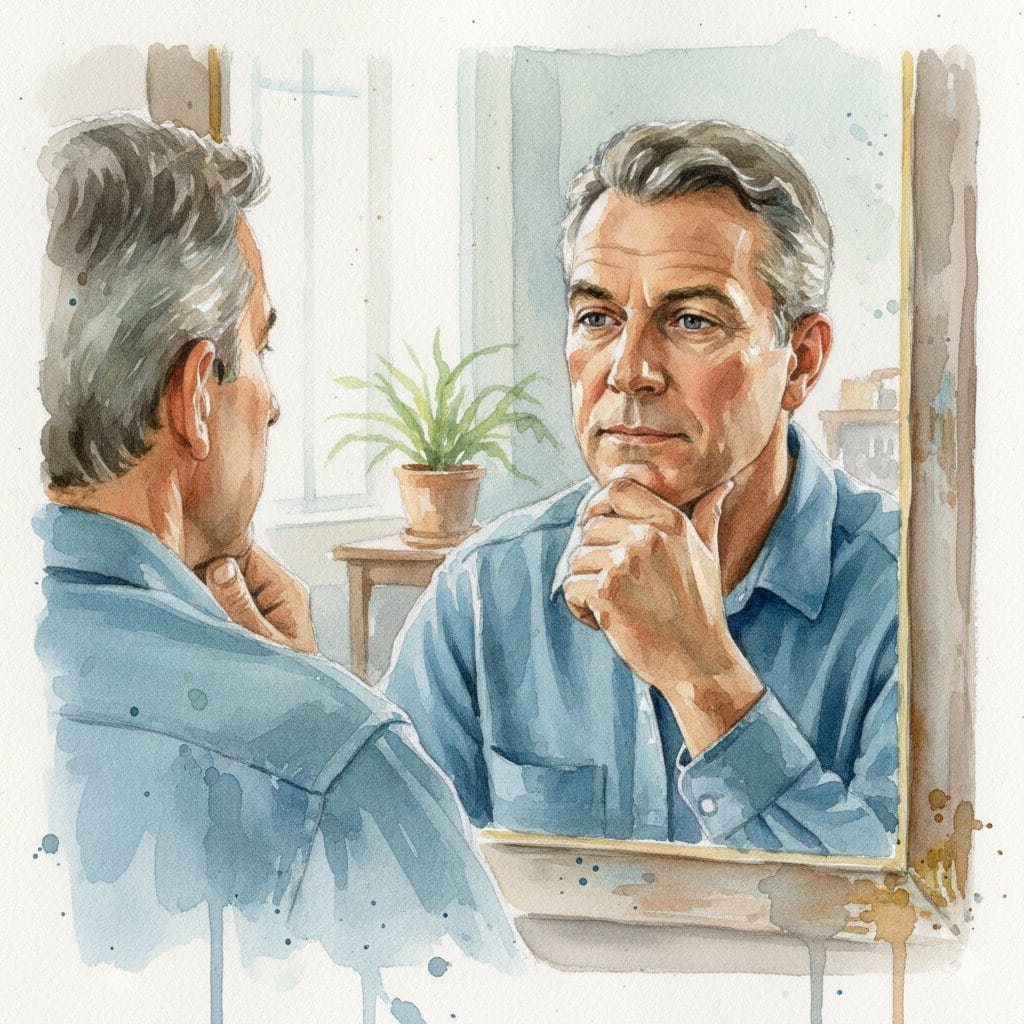 A middle-aged man looking at his reflection in a mirror - matter-of-fact and not sad