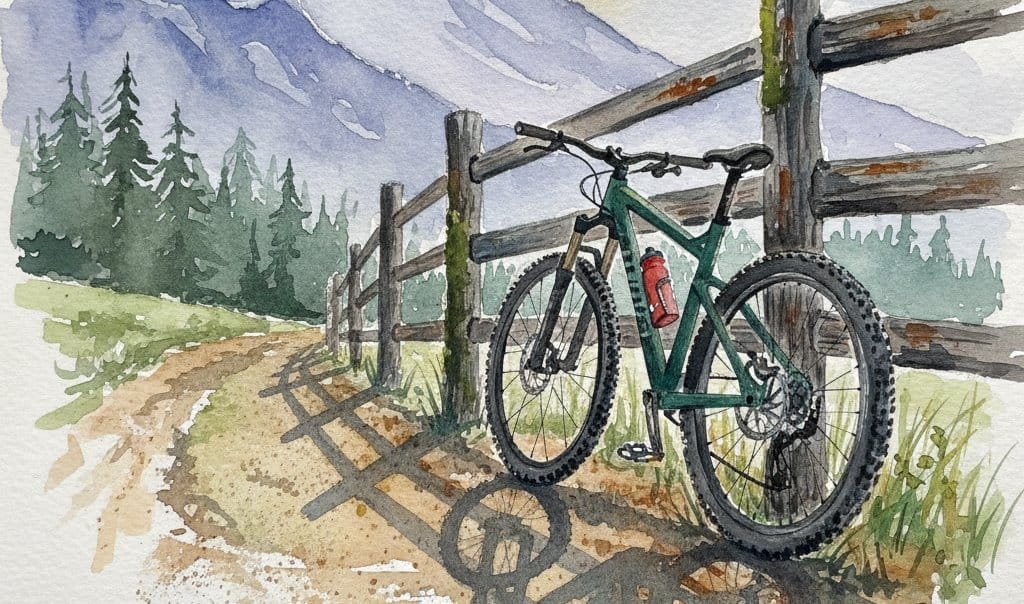 Mountain bike parked next to a fence in the countryside