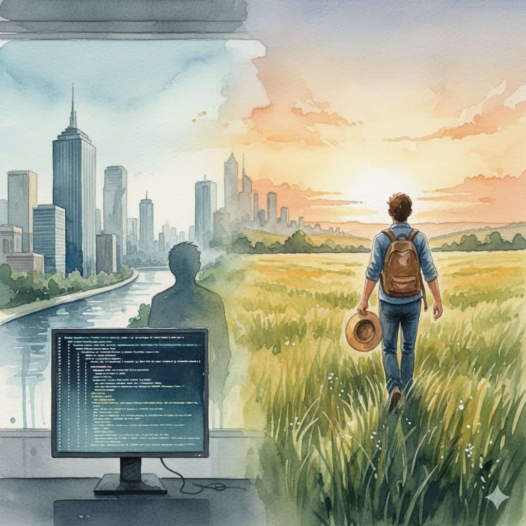 Guy looking through office window, at urban landscape vs walking through a lush, green field at sunset - redefining success for some.