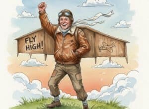 An excited old guy wearing wings made of wood