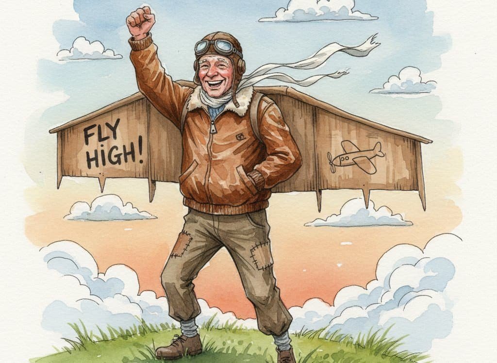 An excited old guy wearing wings made of wood