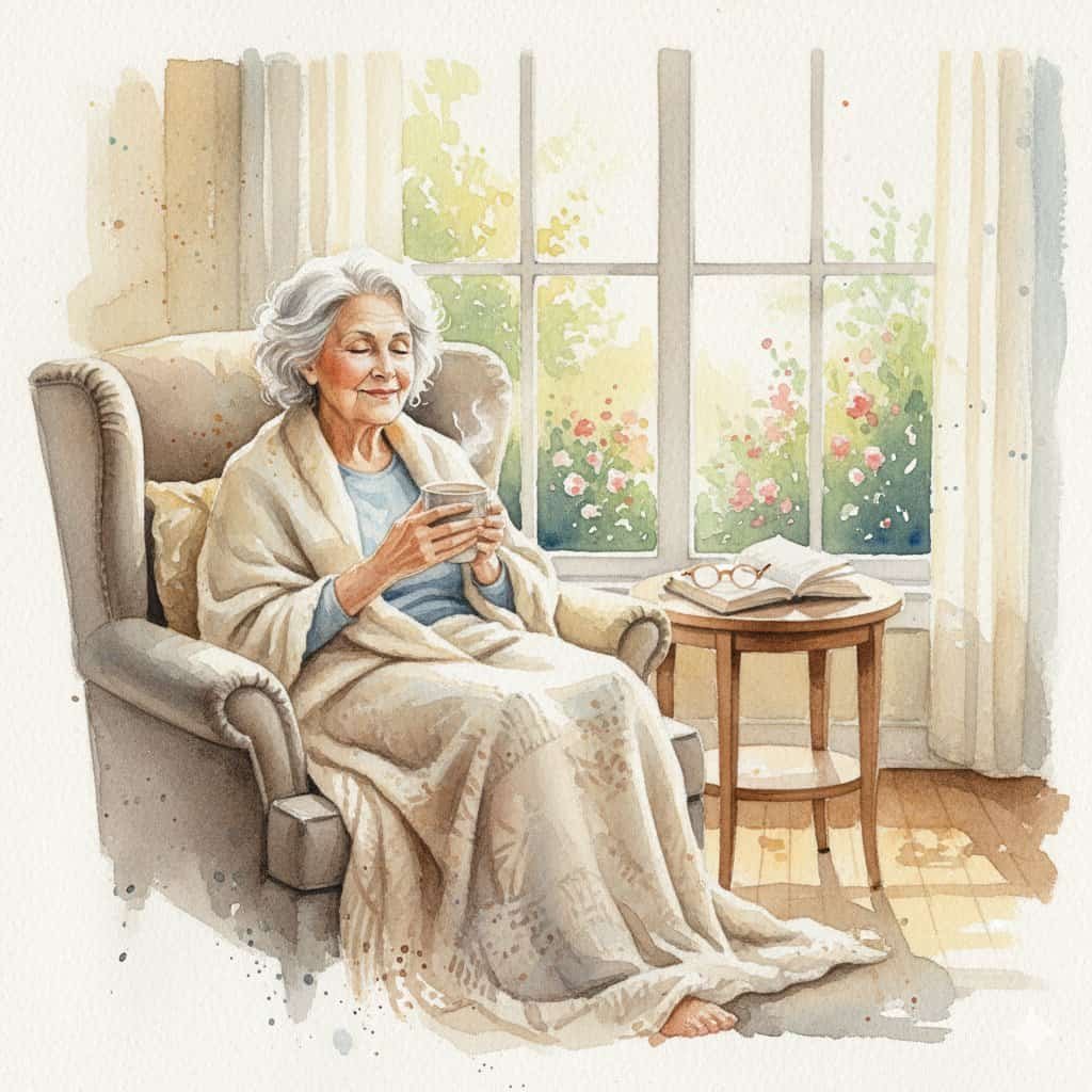 watercolor of older woman sitting by window with coffee, relaxed.
