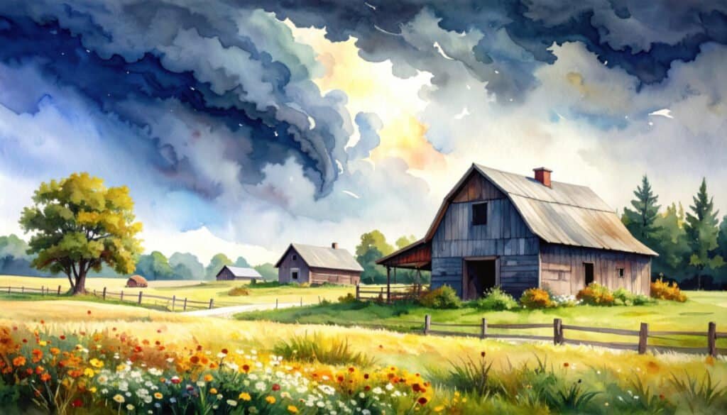 A peaceful farm scene with approaching storm clouds