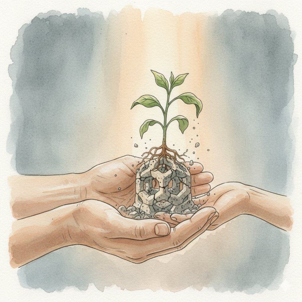 Larger hands passing a struggling seedling to smaller hands