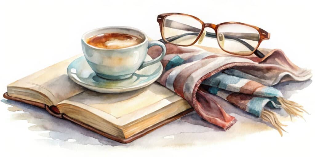 A book, a cup of coffee, and a pair of reading glasses.