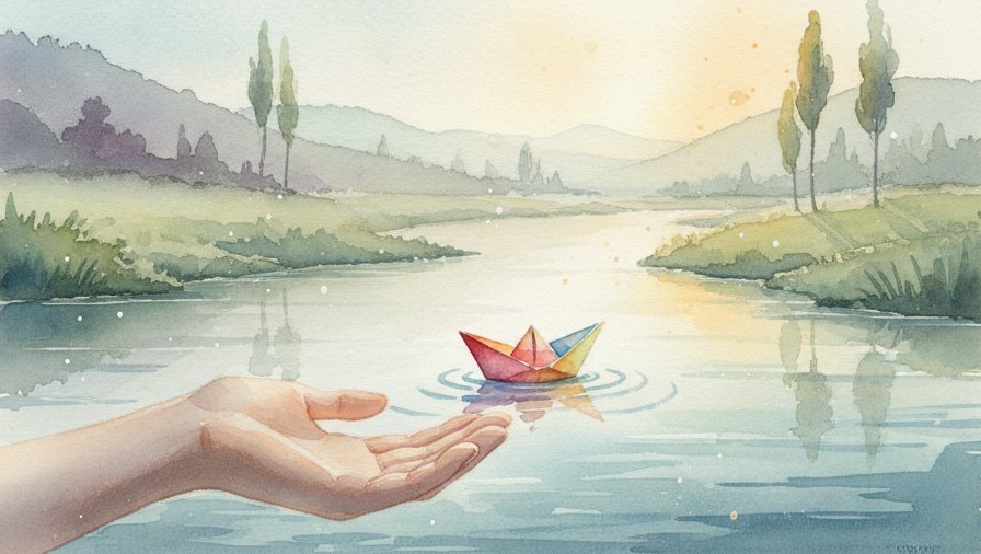 A loving hand gently releasing a vibrant origami boat onto a calm river.