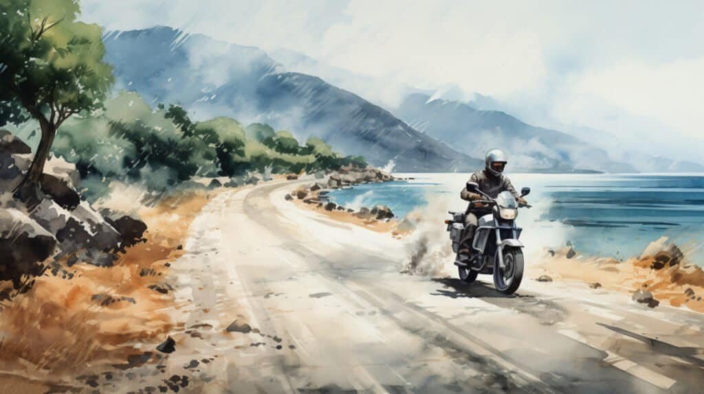 A man riding a motorcycle by the sea, in watercolor.