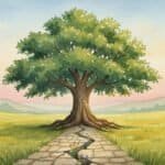 When You Can't Be Everything They Need Watercolor painting of a strong tree with green leaves, a cracked stone path leading to it, and a colorful sunset in the background.