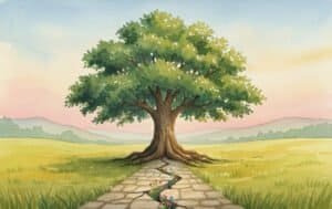 Watercolor painting of a strong tree with green leaves, a cracked stone path leading to it, and a colorful sunset in the background.