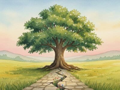 Watercolor painting of a strong tree with green leaves, a cracked stone path leading to it, and a colorful sunset in the background.