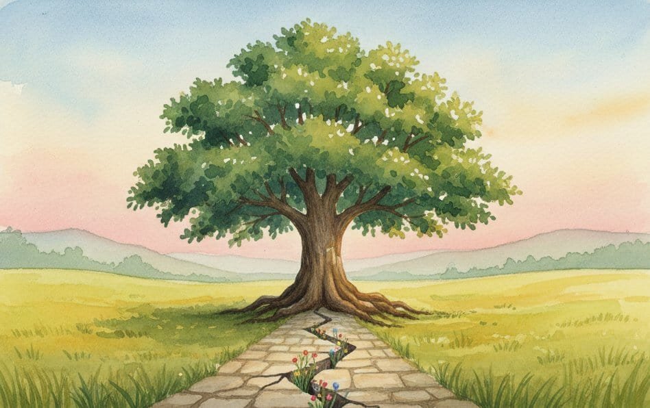 Watercolor painting of a strong tree with green leaves, a cracked stone path leading to it, and a colorful sunset in the background.