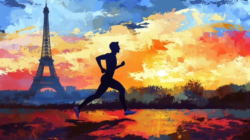 Watercolor of a runner against a vibrant sunset with the Eiffel Tower in the background.