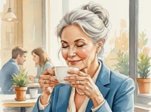 Happy business woman drinking coffee alone in a cafe.