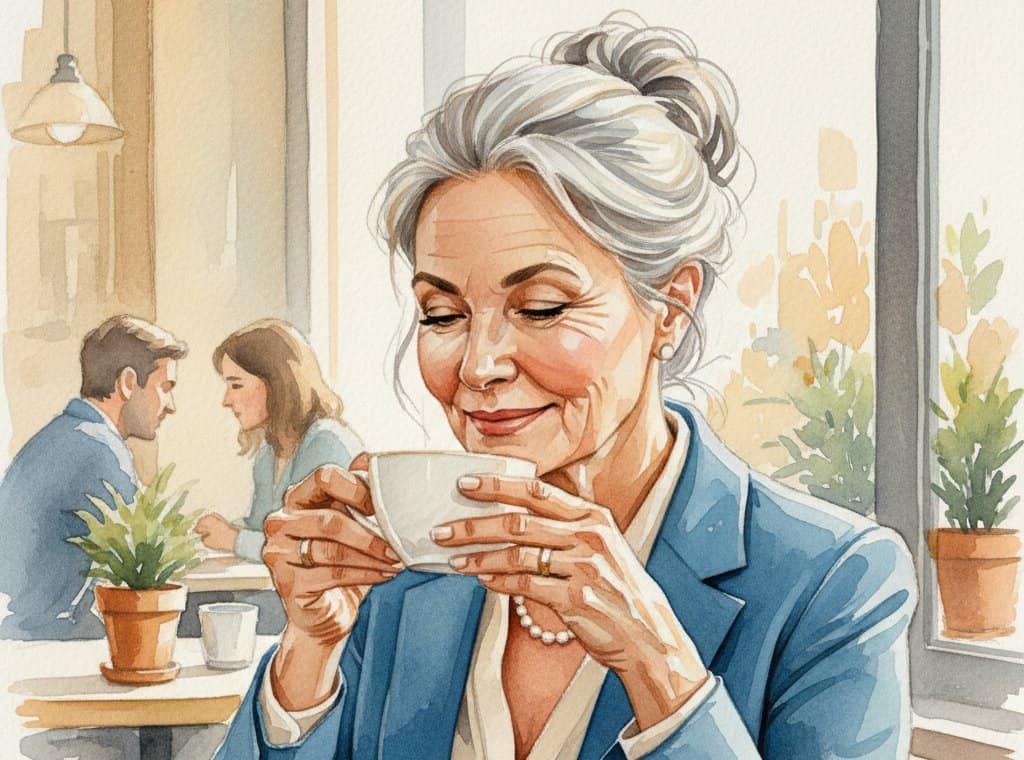 Happy business woman drinking coffee alone in a cafe.