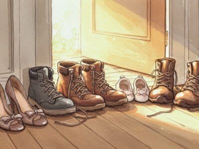Pairs of shoes in entryway with open door and sunlight coming in.
